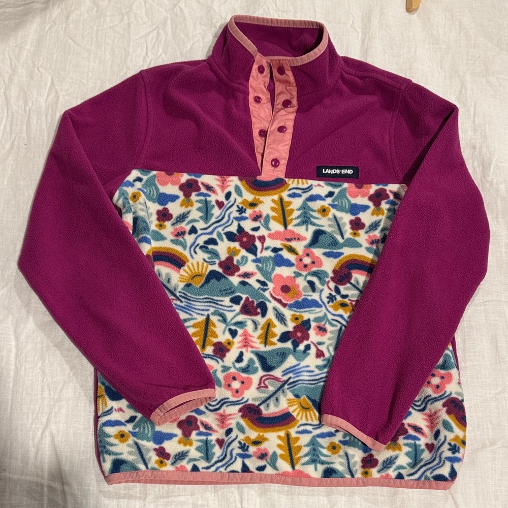 Lands' End Magenta and Floral Fleece Pullover